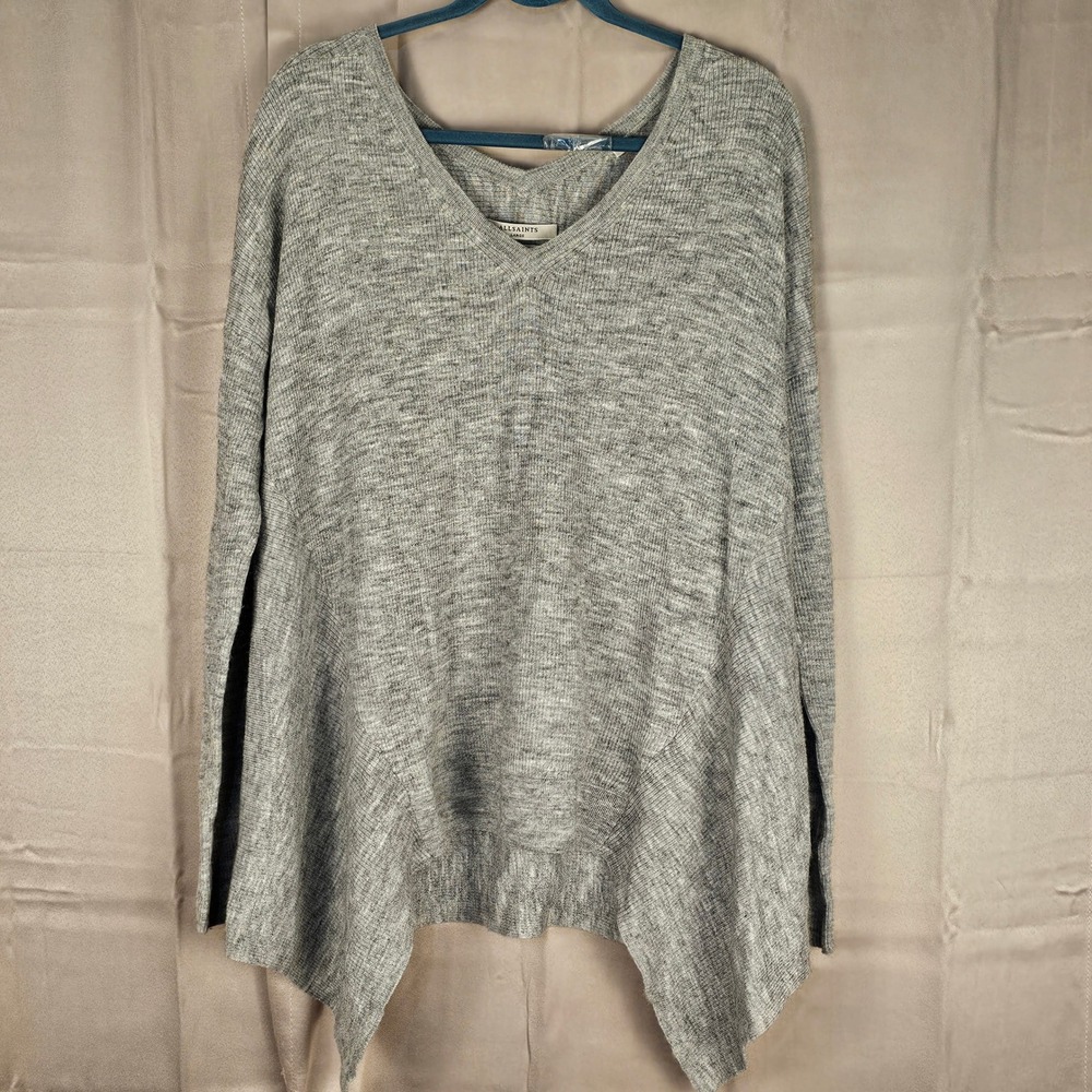 All Saints Gray Kelsey Wool Alpaca Blend V Neck Asymetrical Pullover‎ Sweater Lg